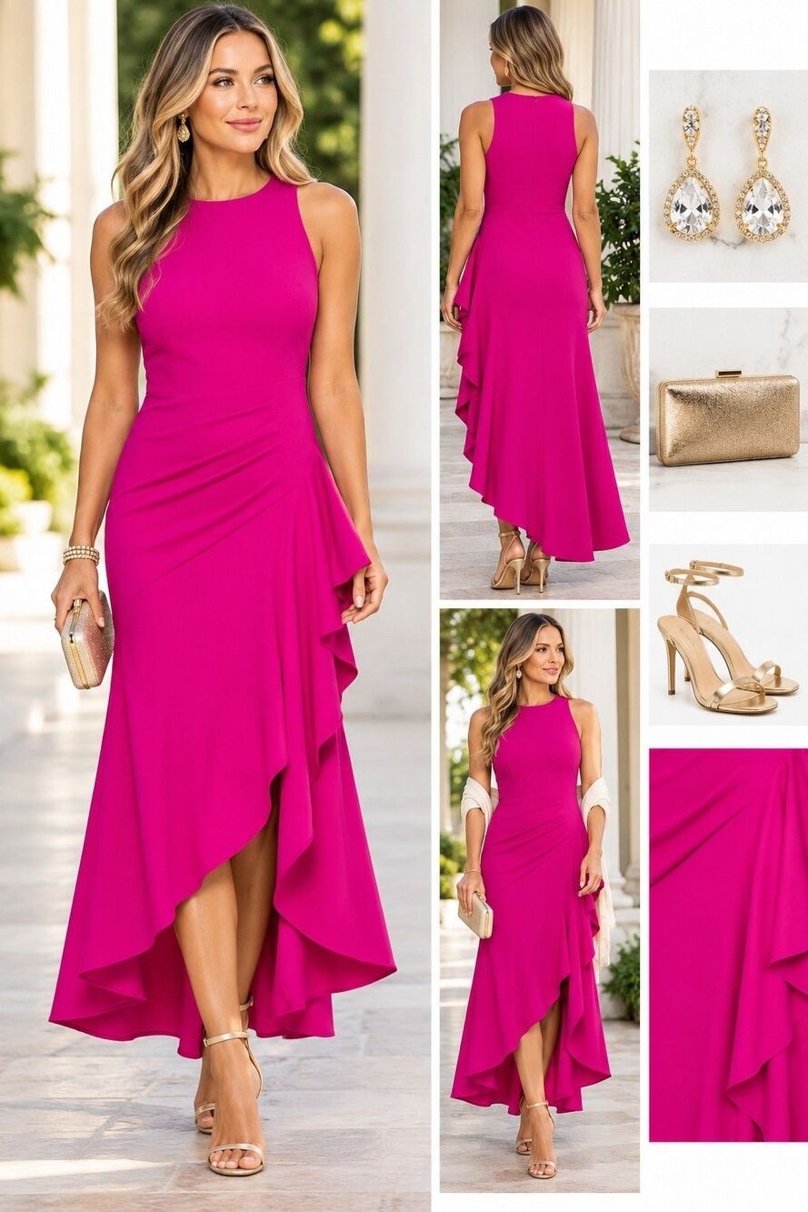 Betsy & Adam Women's Scuba Sleeveless Ruffled Dress Fuchsia Size 8 NWT $249 aqua